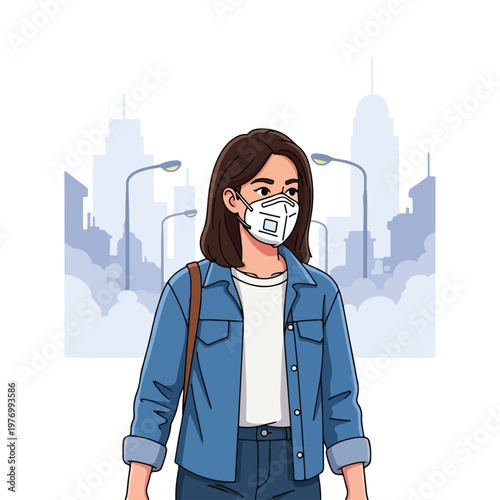 Flat vector illustration of a young woman wearing a protective white N95 face mask and denim jacket standing in a polluted city with smog and tall buildings in the background.