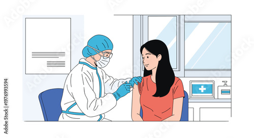Medical illustration shows a healthcare professional in a protective suit and mask giving a vaccination to a patient in a clinic setting.