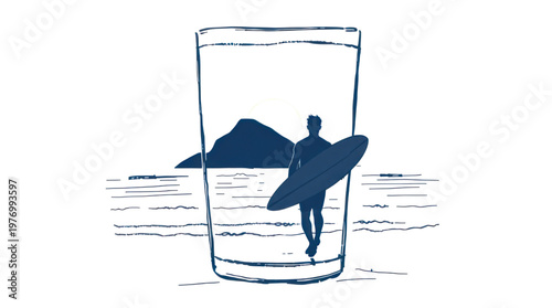 Surfer with Board in a Glass Containing a Mountain and Ocean at Sunset