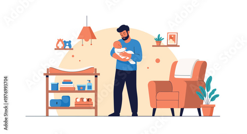 Loving father holds his newborn baby in his arms while standing in a cozy and well decorated nursery room with a comfortable armchair.
