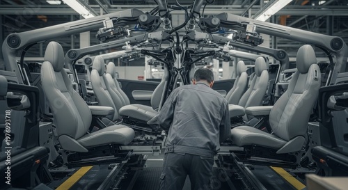 Interior car assembly line with worker installing seating in modern vehicle factory