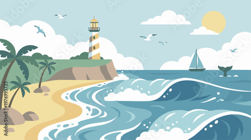 Minimalist coastal landscape with lighthouse, beach, ocean, and sailboat