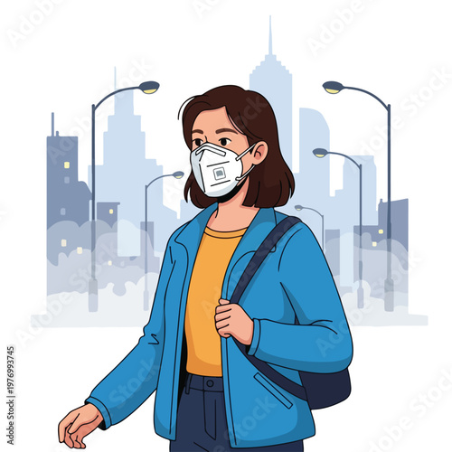 Flat 2D vector illustration of a young woman wearing a white N95 face mask for protection against air pollution and smog while walking in a city with skyscrapers and streetlights.