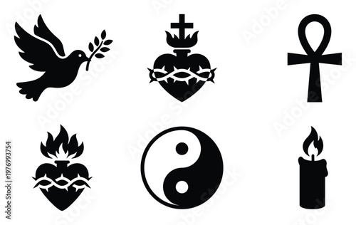 A set of iconic spiritual and religious symbols including a peace dove sacred hearts ankh yin yang and a burning candle suitable for diverse design projects and educational materials