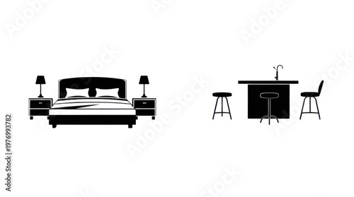 Furniture Outline Illustrations Featuring Bedroom Set and Bar Counter with Stools