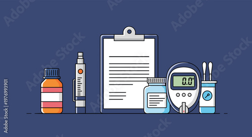 Set of medical supplies for managing diabetes including a glucose meter, insulin pen, testing strips, and a clipboard on dark blue.