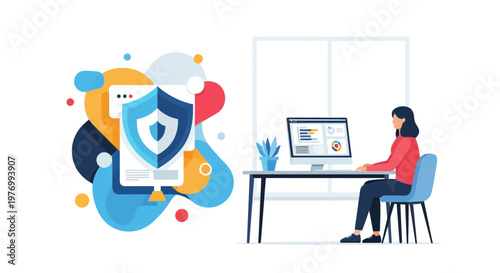 Cybersecurity data protection shield illustration with person working at desk on computer