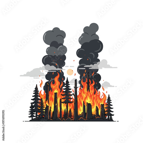 Flat 2D vector illustration of a forest wildfire with orange flames engulfing pine trees and charred wood stumps against a white background with dark grey smoke plumes and sun.