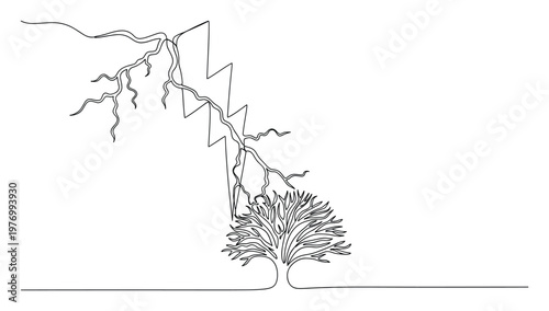 Continuous line drawing depicting a powerful lightning bolt striking a resilient tree, perfect for conceptual nature presentations or as a striking graphic resource.