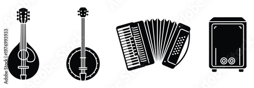 Mandolin banjo accordion and speaker graphic icons for folk music events, country concerts, sound engineering projects, and entertainment industry designs