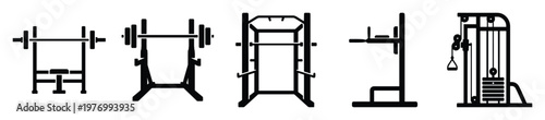 Versatile gym equipment silhouette collection for fitness and strength training activities presented in a graphic icon style for various exerciserelated projects