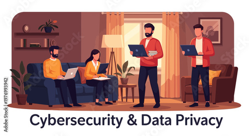 Team collaborating on cybersecurity and data privacy issues with laptops in a modern interior