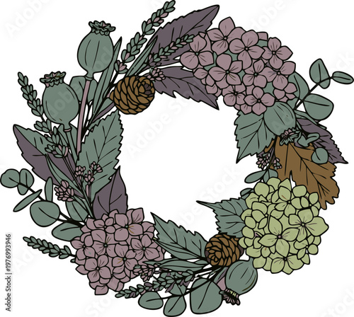 Wreath Illustration with Muted Color Hydrangeas Eucalyptus and Pine Cones