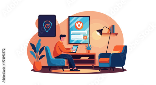 Man using a tablet for online data security and privacy in a home office environment