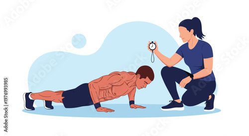 Personal trainer uses a stopwatch to time a muscular man performing push-ups on a mat during a fitness workout session in the gym.
