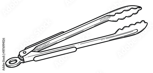 Monochromatic kitchen tongs line drawing for culinary blogs, cooking recipe graphics, food preparation guides, and restaurant menu design resources