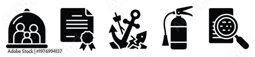 Comprehensive collection of safety, insurance, and legal service icons including family protection, certified documents, maritime accident, fire extinguisher, and policy review for various