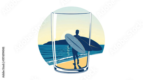 Surfer Walking on Sandy Beach with Surfboards Inside a Refreshing Glass