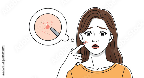 Concerned young woman pointing at a red pimple on her cheek while thinking about professional dermatology treatment or extraction.