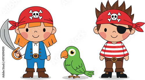 Cute Pirate Kids Cartoon Characters with Girl Boy and Parrot in Fun Adventure Theme for Children Illustration and Storybook Design