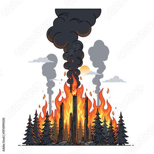 Flat 2D vector illustration of a forest fire with bright orange flames engulfing pine trees and charred wood trunks, featuring thick dark smoke plumes rising against a white background.