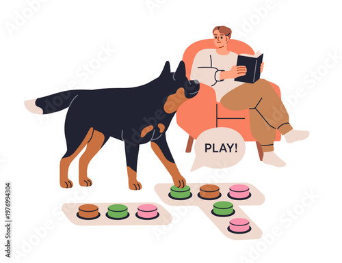 Pet pressing dog communication button, asking for play. Smart puppy talking to owner with canine animal gadget, device for training, learning. Flat vector illustration isolated on white background
