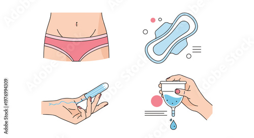 Set of clean illustrations showing various feminine hygiene products including a sanitary pad, tampon, menstrual cup, and pelvic area.