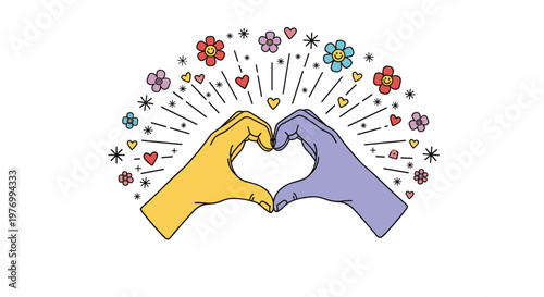 Two hands of different colors forming a heart shape surrounded by vibrant flowers and twinkling stars in a message of love and unity.