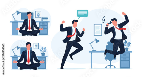 Collection of businessman characters practicing meditation at work and jumping for joy to celebrate success and maintain balance.