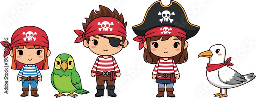 Cute Pirate Kids Cartoon Characters Set with Boy Girl Parrot and Seagull in Fun Adventure Theme for Children Illustration Design