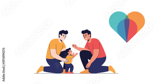 Happy same sex male couple playing with their young child outdoors next to a colorful multi layered heart symbol of family love.