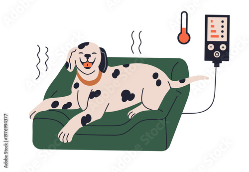 Happy dog lying on smart cushion with electric thermometer for temperature co...