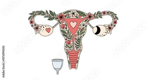 Beautiful anatomical illustration of a human uterus adorned with delicate flowers and leaves accompanied by a menstrual cup below.