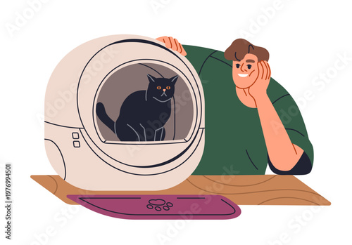 Cat using automatic litter box device, self-cleaning gadget. Pet toilet, smart auto equipment, robot technology for home feline animal. Flat vector illustration isolated on white background
