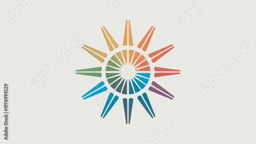 A vibrant and colorful sun logo with rainbow hues on a clean background