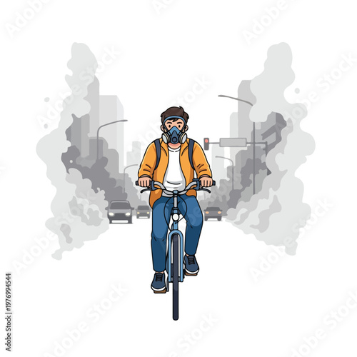 Flat 2D vector illustration of a young man wearing a protective respirator mask while riding a bicycle on a city street surrounded by heavy smog, air pollution, and exhaust fumes.