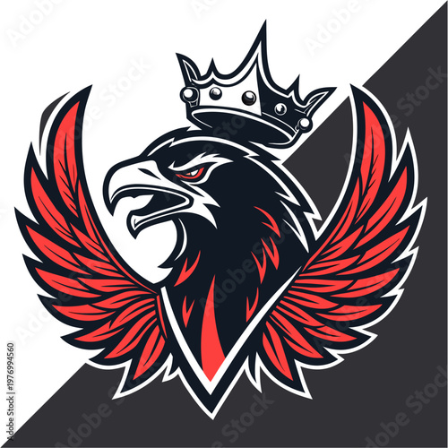 A regal eagle head with a crown and red wings in a vector graphic design