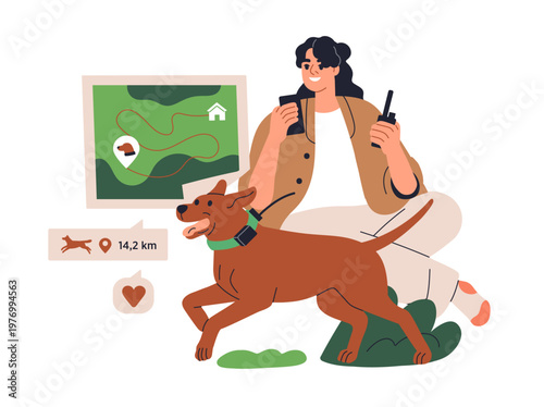 Dog tracker. Owner controls pet location, route with smart collar and phone a...