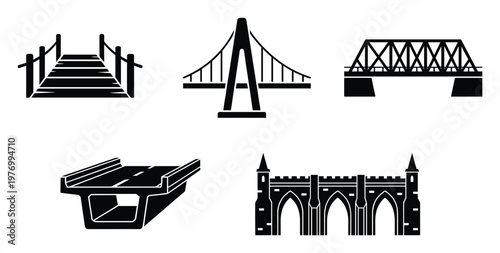 Set of distinct bridge designs including a rustic pier, a sleek suspension bridge, a sturdy railway truss, a modern road overpass, and a classic stone viaduct ideal for engineering or