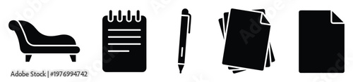 Vector graphic symbols featuring a psychologists couch, spiral notebook, writing utensil, and assorted paper documents suitable for business, education, and wellness themes.