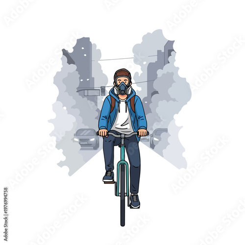 Flat vector illustration of a man riding a bicycle on a city road surrounded by thick gray smog and car exhaust while wearing an industrial respirator mask for protection.