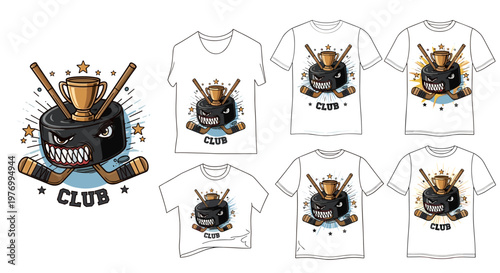 Cartoon Hockey Puck Character with Trophy and Crossed Sticks, Vector Illustration for T-shirts