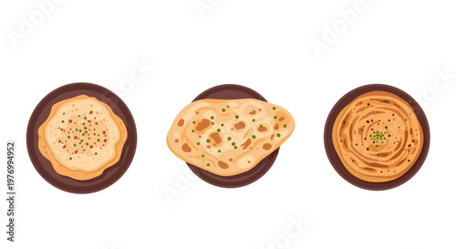 Overhead View of Three Types of Indian Flatbreads: Naan, Roti, and Paratha, Garnished with Herbs