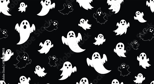 Classic Halloween seamless pattern featuring numerous white cartoon ghosts with various expressions floating on a solid black background.