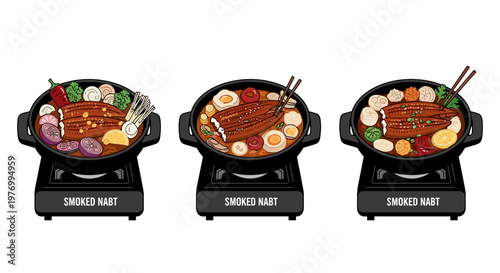 Three Types of Smoked Eel Hot Pot Dishes in Black Cooking Pots