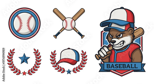 Baseball Emblem Set: Cartoon Bear Player, Ball, Bats, Cap, and Wreath Icons