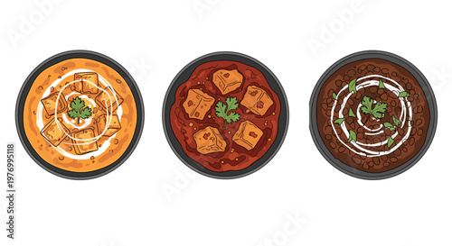 Three stylized circular pizza designs with toppings on wooden texture background, flat lay composition