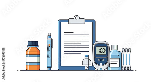 Collection of essential medical supplies for diabetes management including a glucose meter, test strips, insulin pen, and medication.
