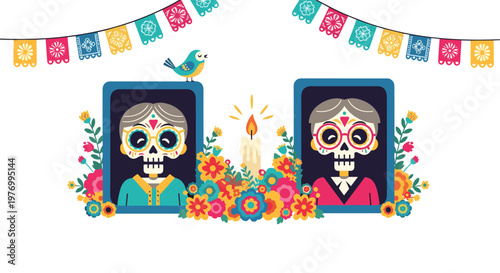 Colorful Day of the Dead altar featuring two skeleton portraits, bright marigold flowers, a candle, and festive papel picado banners.