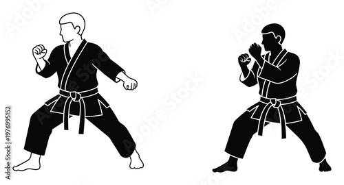 Two male martial arts practitioners in fighting stances, wearing traditional black gi uniforms with white belts, ready for combat or training demonstrations for various applications.